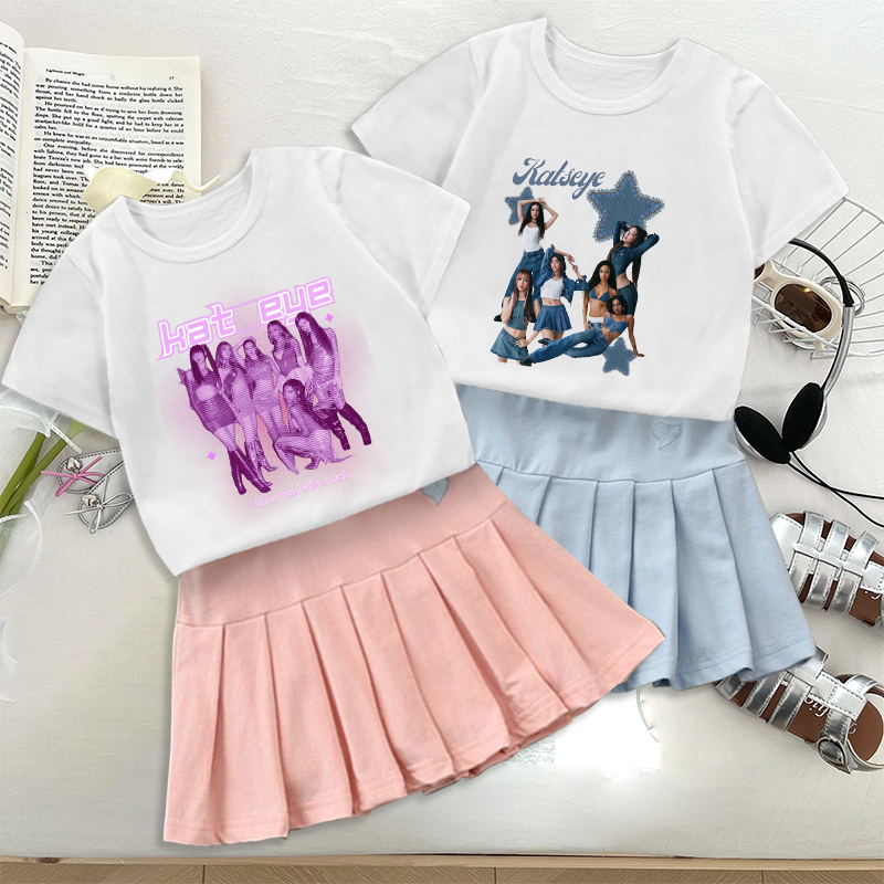 Embroidery Skirt - Modny zestaw: koszulka K POP K-KATSEYE,