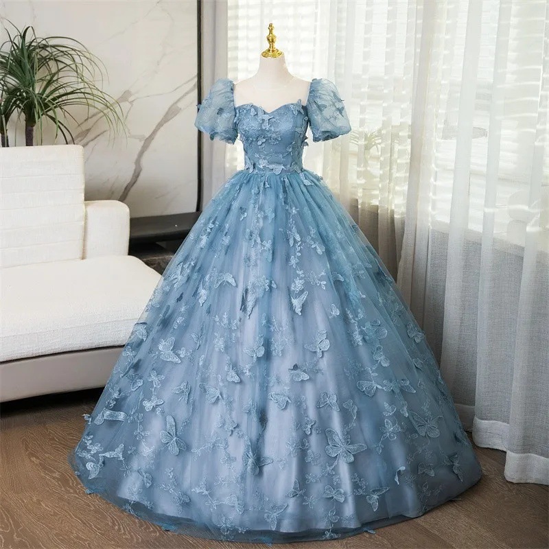 Embroidery Skirt - Sukienka wieczorowa damska szaro-niebieska z haftem,